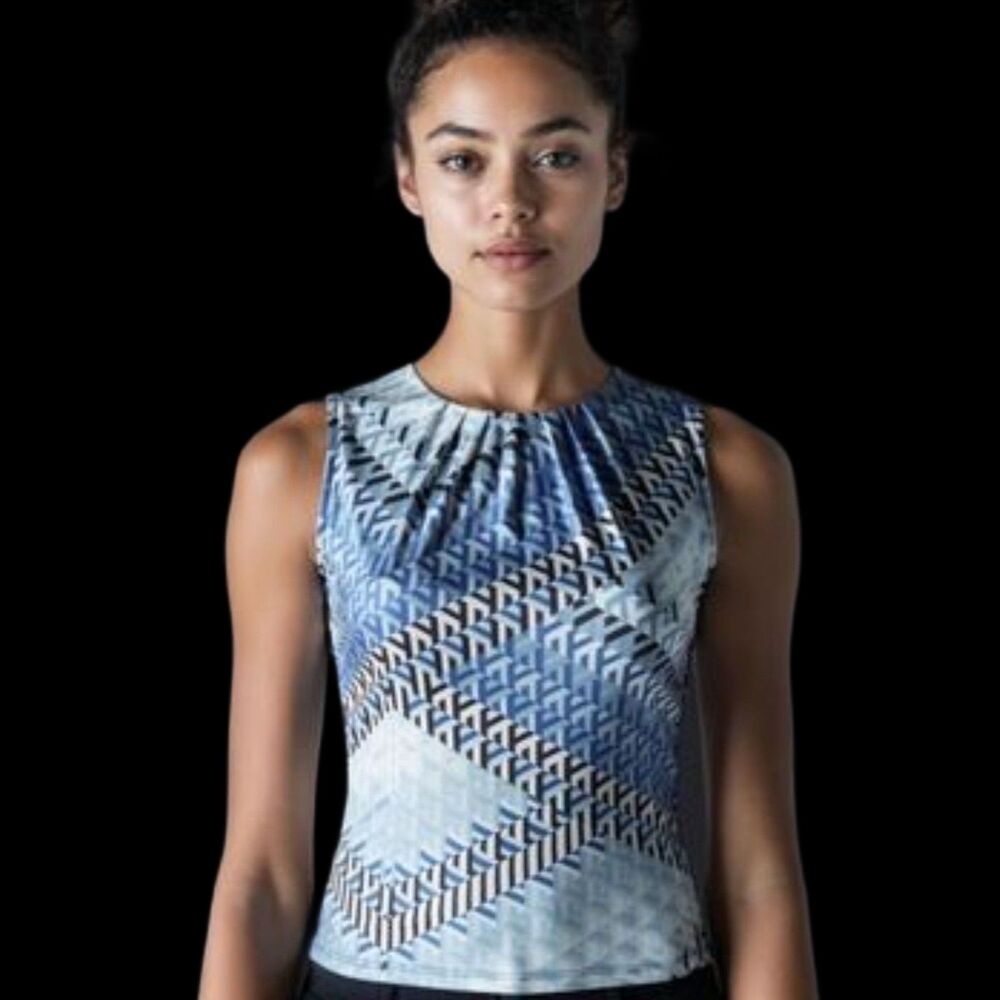 Calvin Klein Women's Blue Printed Pleat-Neck Sleeveless Top